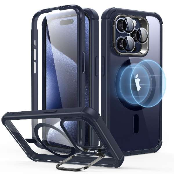 支持iPhone 15 Pro的2部分混合包(MagSafe对应)ＥＳＲ Clear Dark Blue ArmorToughCasewithStashStandforiPhone15Pro_1