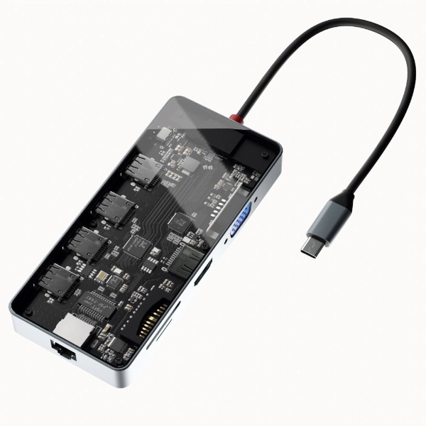 ［USB-C オス→メス カードスロットｘ2 / HDMI / VGA / LAN / φ3.5mm / USB-Aｘ4 / USB-C] USB  PD対応 100W ドッキングステーション SEE-THROUGH 6 シースルー SD-CMULTI01-B [USB Power