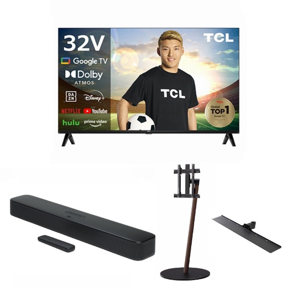 テレビシアターセット4点（32型液晶テレビ+サウンドバー+テレビスタンド+棚板） [32V型 /Bluetooth対応 /フルハイビジョン  /YouTube対応]